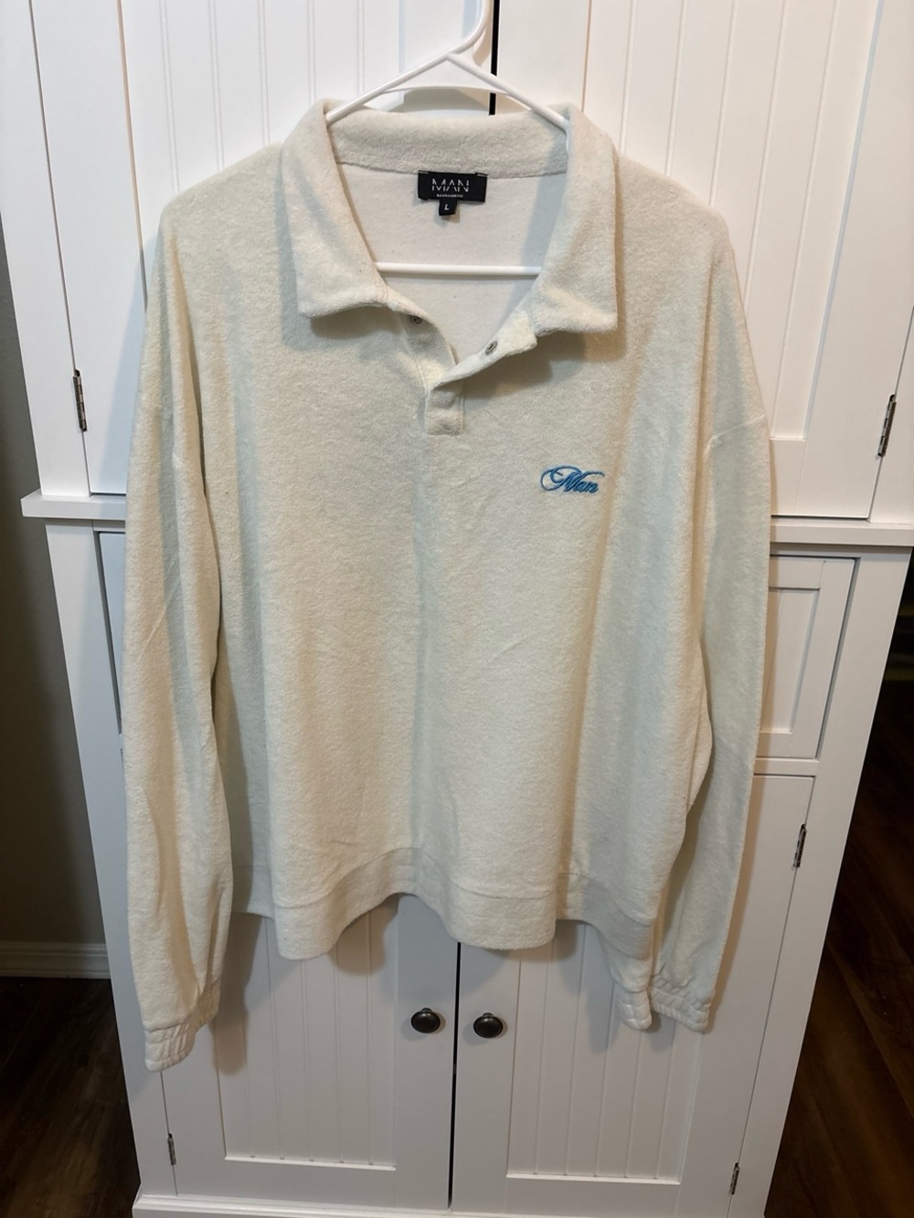 Y2K BoohooMAN White Terry Cloth Pullover Polo Large Embroidered Lounge Top